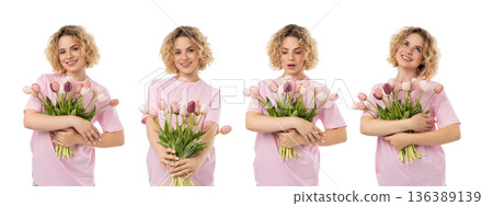 Girl poses with tulips for Women's Day, isolated, PNG Girl poses with tulips for Women's Day, isolated, PNG 136389139