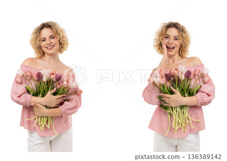 Girl holding tulips smiling and celebrating Women's Day, isolated, PNG Girl holding tulips smiling and celebrating Women's Day, isolated, PNG 136389142