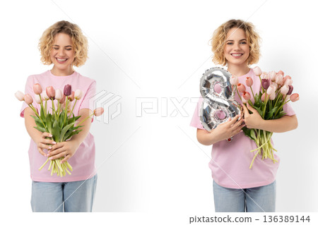 Girl holding flowers and a balloon in the shape of 8, isolated, PNG Girl holding flowers and a balloon in the shape of 8, isolated, PNG 136389144