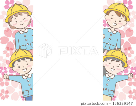 Frame of cherry blossoms and children in school uniforms, entrance and graduation Frame of cherry blossoms and children in school uniforms, entrance and graduation 136389147