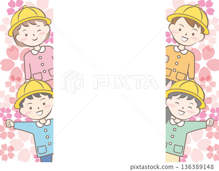 櫻花盛開的畫面，身穿校服的孩子們，入學和畢業典禮 136389148