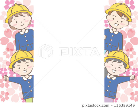 Frame of cherry blossoms and children in school uniforms, entrance and graduation Frame of cherry blossoms and children in school uniforms, entrance and graduation 136389149