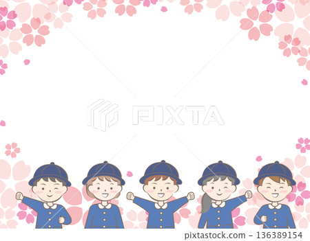 Frame of cherry blossoms and children in school uniforms, entrance and graduation 136389154