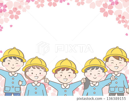 Frame of cherry blossoms and children in school uniforms, entrance and graduation 136389155