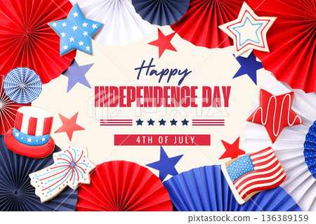 Fourth of July decorations display cookies and paper fans Fourth of July decorations display cookies and paper fans 136389159