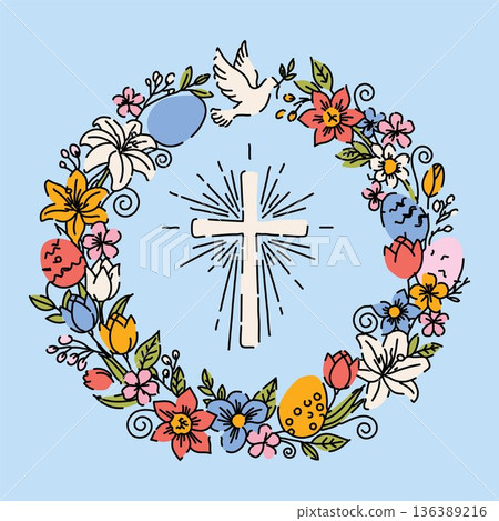 Christian Easter Wreath with Cross Dove and Flowers Christian Easter Wreath with Cross Dove and Flowers 136389216
