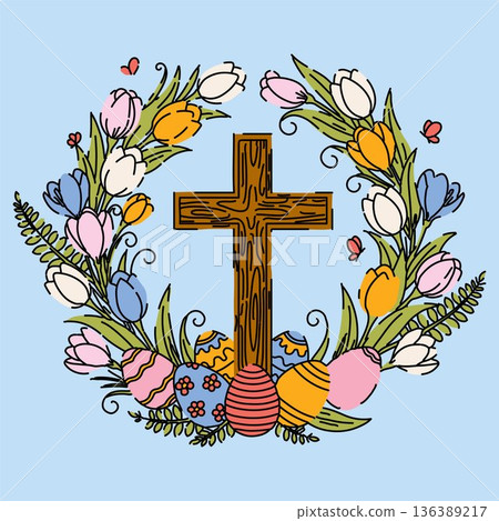 Christian Easter Symbol Cross with Flowers and Eggs Christian Easter Symbol Cross with Flowers and Eggs 136389217