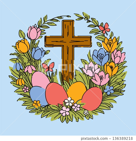 Christian Easter Cross with Floral Wreath and Eggs Christian Easter Cross with Floral Wreath and Eggs 136389218