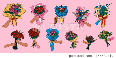 Floral Bouquet Illustration Set Wrapped with Paper 136389219