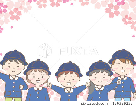 櫻花盛開的畫面，身穿校服的孩子們，入學和畢業典禮 136389233