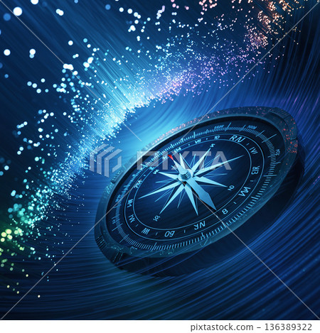 Compass points and light trails in a digital space during nighttime exploration 136389322