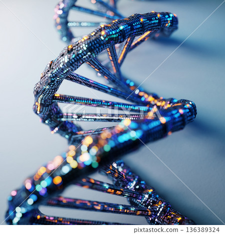 3D representation of a DNA helix in bright colors on a neutral background in a studio setting during a research project 136389324