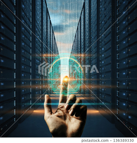 Data center with hand reaching towards glowing technology and digital elements in a modern setting during the day 136389330