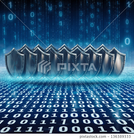 Shields represent protection in a digital world with binary code in the background and a sleek design 136389333