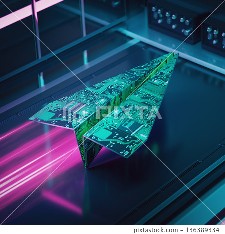 Concept of technology represented by a paper airplane made from circuit board in a high-tech environment Concept of technology represented by a paper airplane made from circuit board in a high-tech environment 136389334