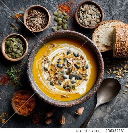 Creamy pumpkin soup served in rustic ceramic bowl with bread and seeds on dark background in cozy kitchen setting 136389381