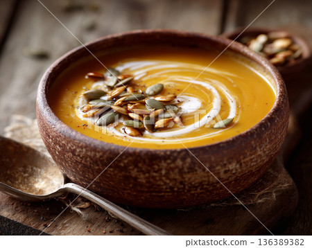 Rustic ceramic bowl filled with creamy pumpkin soup and topped with seeds on a wooden table in a cozy kitchen setting Rustic ceramic bowl filled with creamy pumpkin soup and topped with seeds on a wooden table in a cozy kitchen setting 136389382