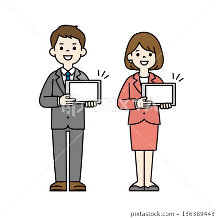 一套完整的向量插圖素材，描繪了年輕的男女商務人士展示和講解平板電腦螢幕。 136389443