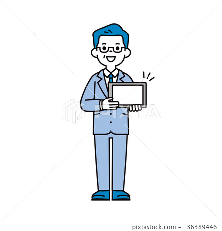 一位身穿西裝、手持平板電腦、正在洽談商務交易的高級商務人士的全身向量插圖。 136389446