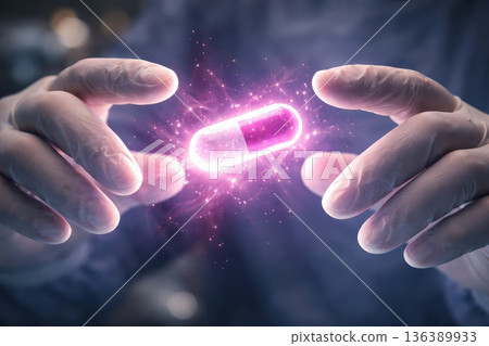 Medical technology innovation glowing pill between gloved hands futuristic healthcare concept bright energy pharmaceutical science research focus laboratory scene hope cure 136389933