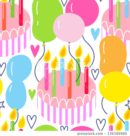 Vector seamless pattern with birthday cake and balloons 136389980