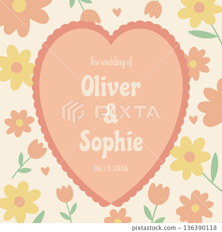 Vector Vintage Wedding Invitation Card Template with Frame. Cute Pastel Retro Design for Save the Date, Bridal Shower, Engagement and Greeting Card 136390118