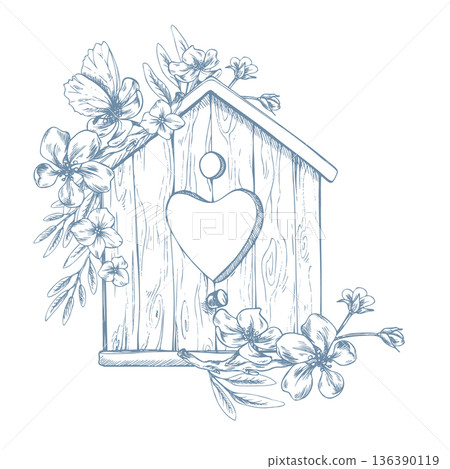 A cute, simple wooden birdhouse decorated with a blossoming apple tree and a butterfly. Hand-drawn ink illustration in line art style. A lovely arrangement for spring holidays and weddings. 136390119
