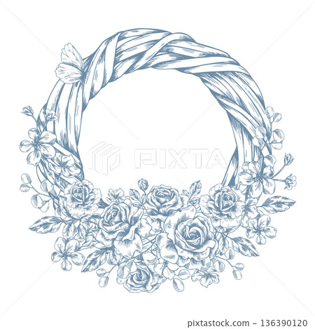 A woven wreath decorated with apple blossoms and roses, a bow, and a butterfly. Hand-drawn ink graphic illustration in line art style. A round frame template for holiday and wedding text. A woven wreath decorated with apple blossoms and roses, a bow, and a butterfly. Hand-drawn ink graphic illustration in line art style. A round frame template for holiday and wedding text. 136390120