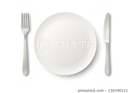 Vector 3d White Empty Plate with Fork and Knife. Table Setting Top View. Minimal Dinnerware Mockup for Restaurant Menu. Clean Ceramic Dish and Silver Cutlery. Dining Place Setting Isolated Vector 3d White Empty Plate with Fork and Knife. Table Setting Top View. Minimal Dinnerware Mockup for Restaurant Menu. Clean Ceramic Dish and Silver Cutlery. Dining Place Setting Isolated 136390121
