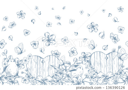 Wooden heart, apple blossom, and birds with butterflies. Hand-drawn ink graphic illustration, monochrome line art style. Seamless border pattern for wedding and spring holiday designs. 136390126
