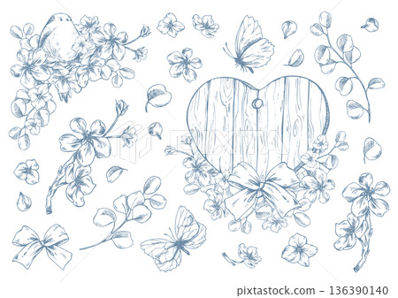 A wooden heart, apple blossom, and a bird with butterflies. A hand-drawn graphic illustration in ink, monochrome line art style. A set of cute spring stickers and elements. A collection for design. 136390140