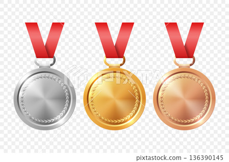 Vector 3d Gold, Silver, Bronze Medal Icon Set, Isolated. Award Medals for Sport. Medal Icon, Isolated. Medal Badges. Winner First Second Third Place Trophy Design Template for Championship 136390145