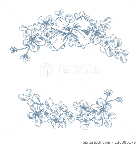 A blossoming apple tree with cute flowers decorated with a bow. Hand-drawn ink graphic illustration, monochrome line art style. Frames, half-wreaths, headers, and text templates for holidays, weddings A blossoming apple tree with cute flowers decorated with a bow. Hand-drawn ink graphic illustration, monochrome line art style. Frames, half-wreaths, headers, and text templates for holidays, weddings 136390179
