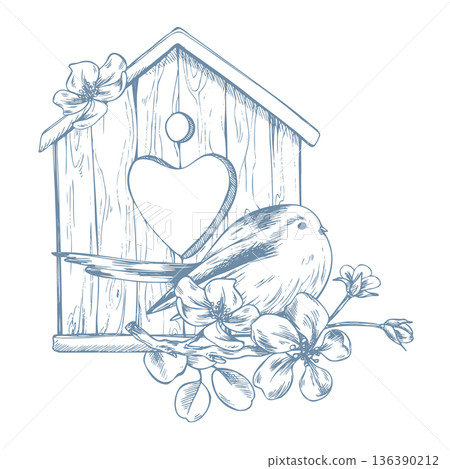 A bird perches on a birdhouse with a blossoming apple tree. A hand-drawn graphic illustration in ink, monochrome line art style. A composition with a titmouse, romantic for spring holidays, weddings. 136390212