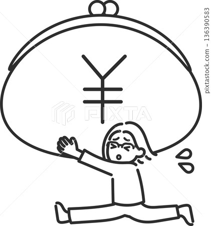 Illustration of a woman in her 40s running with a large clasp purse (line drawing only) 136390583