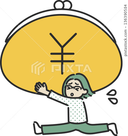 Illustration of a woman in her 40s running with a large clasp wallet 136390584