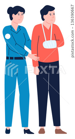 Medical worker help man with broken arm. Accident medical emergency 136390667