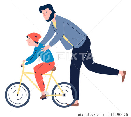 Boy ride bicycle with father help. Parenting icon 136390676