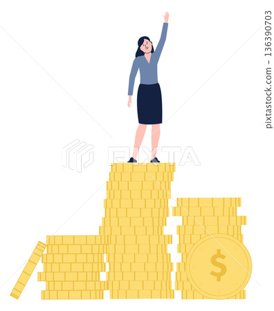 Financial success. Woman stand on golden coin pile 136390703
