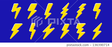 Pixel art lightning bolt icons in retro 8bit style 136390714