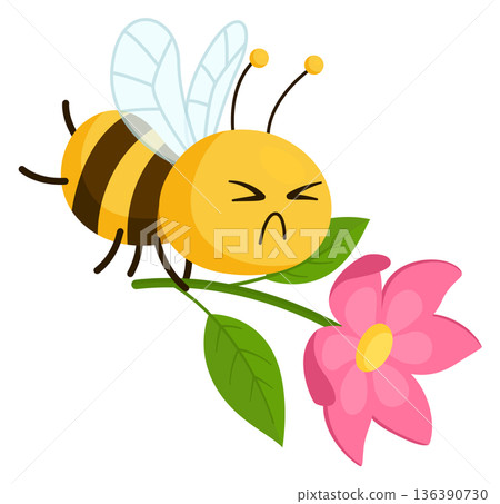 Tired bee on flower icon. Cartoon honeybee mascot 136390730
