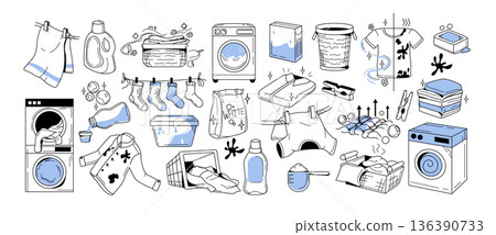 Hand drawn laundry doodle icon set with detergent and washing machines Hand drawn laundry doodle icon set with detergent and washing machines 136390733