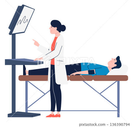 Cardiologist look at patient heart pulse on cardiogram monitor 136390794
