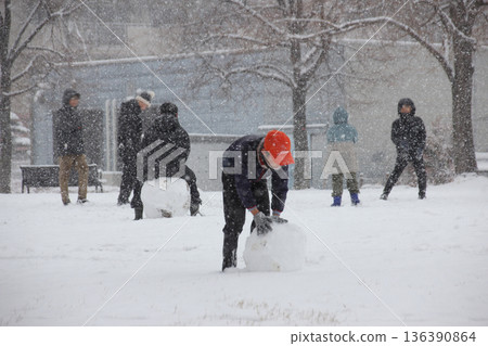 大人在雪地公園裡和孩子們一起玩耍 大人在雪地公園裡和孩子們一起玩耍 136390864