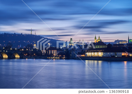 Panoramic evening view of Prague castle and Vltava river in Czech republic Panoramic evening view of Prague castle and Vltava river in Czech republic 136390918