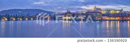 Panoramic evening view of Prague castle and Vltava river in Czech republic Panoramic evening view of Prague castle and Vltava river in Czech republic 136390920
