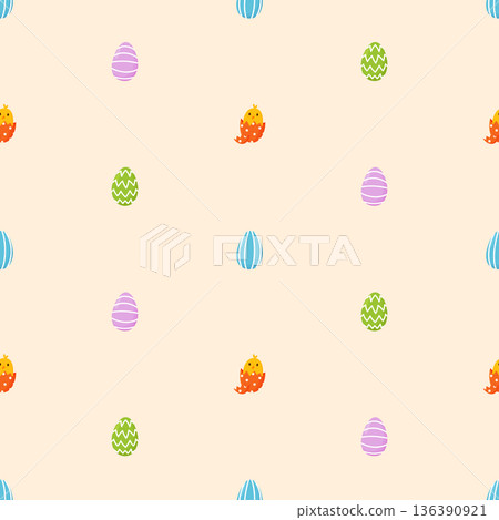 Cute Easter hand drawn seamless pattern with decorated egg and freshly hatched chick. Colourful pastel springtime background for wrapping paper, textile, wallpaper Cute Easter hand drawn seamless pattern with decorated egg and freshly hatched chick. Colourful pastel springtime background for wrapping paper, textile, wallpaper 136390921