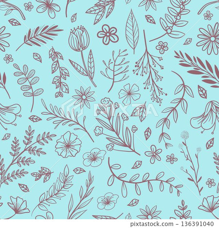Blue Seamless Botanical Hand Drawn Line Pattern Blue Seamless Botanical Hand Drawn Line Pattern 136391040