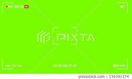 Digital video camera recorder interface with 4K recording sign,battery and timer on green background 136391174
