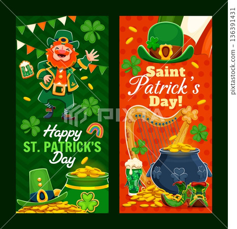 Happy Saint Patrick's day holiday banners. Cartoon vector vertical greeting cards with leprechaun character, shamrocks, gold coins, pot, beer and traditional festive Irish symbols for seasonal party Happy Saint Patrick's day holiday banners. Cartoon vector vertical greeting cards with leprechaun character, shamrocks, gold coins, pot, beer and traditional festive Irish symbols for seasonal party 136391431